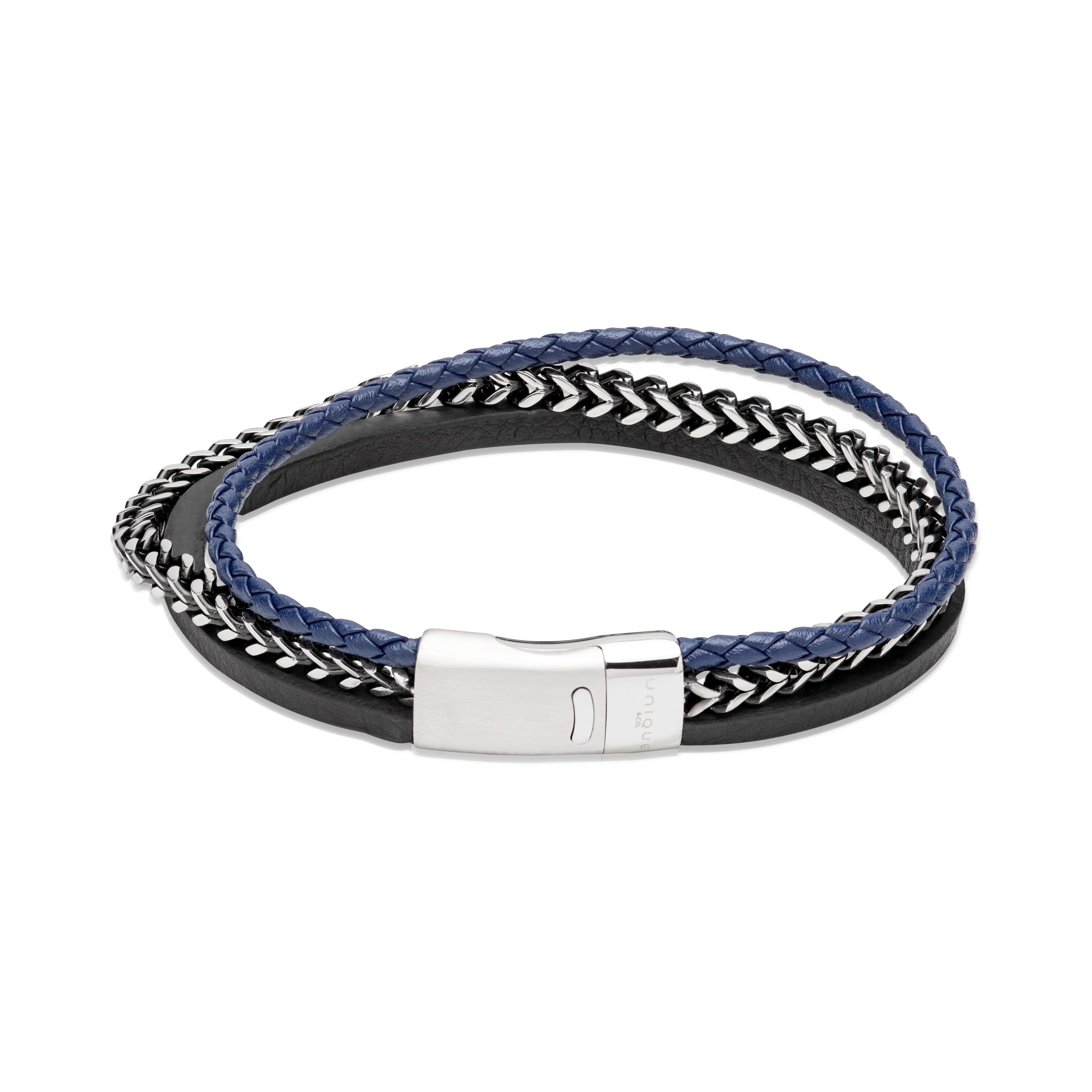 Black/Navy Blue Leather Bracelet With Steel Chain & Magnetic Clasp