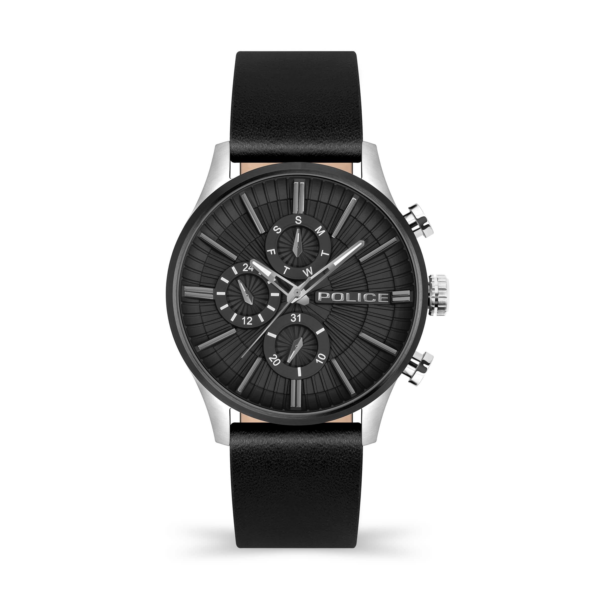 BARTER SS Multifunction Black Dial & Black Leather Strap Watch