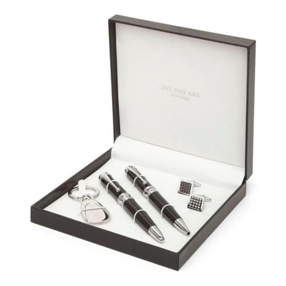 Men's Gift Set With Black Ball Point Pen & Roller Ball Pen, Key Ring & Square Cufflinks