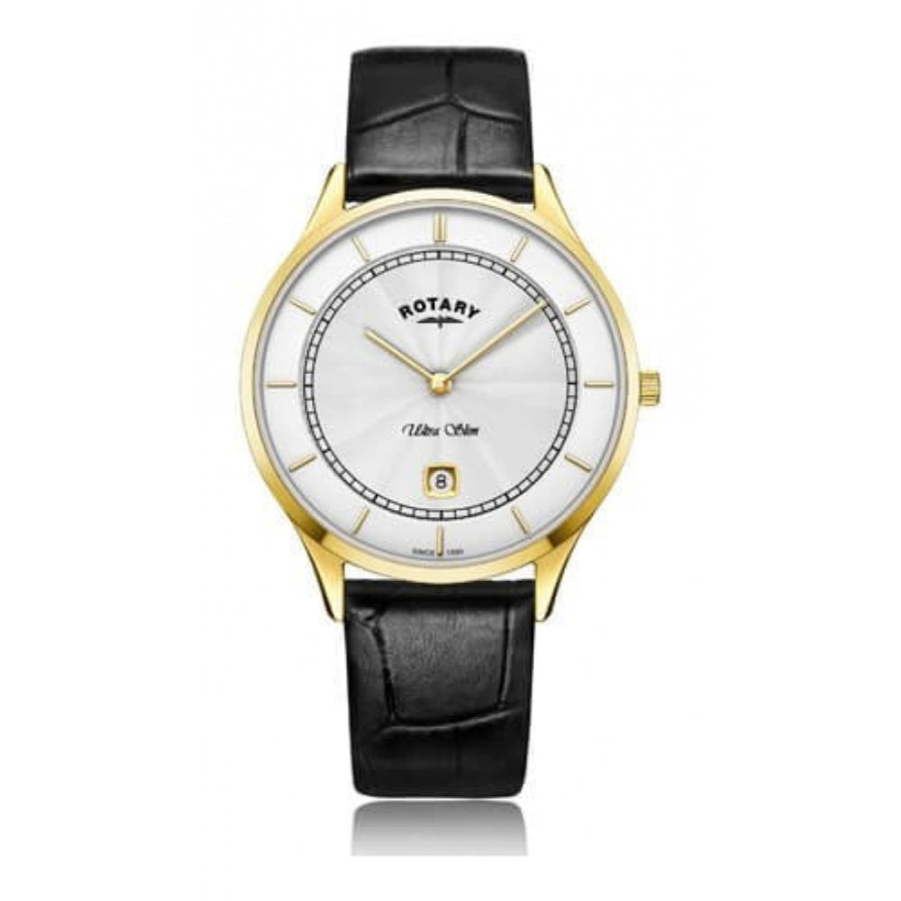 Ultra Slim Gold Tone Stainless Steel White Dial With Black Leather Strap Gents Watch