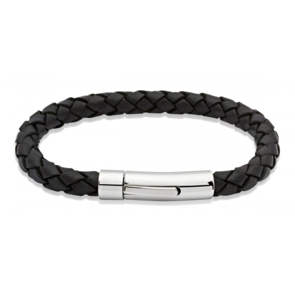 Black Leather Bracelet With Stainless Steel Clasp