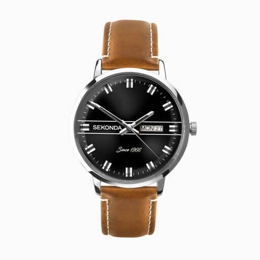 Silver Case With Black Dial & Tan Leather Strap Men's Heritage Watch
