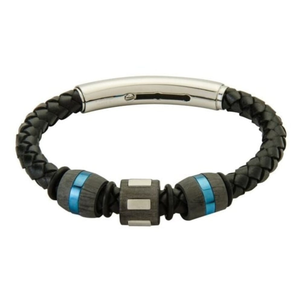 Grey Leather Gents Bracelet With Stainless Steel Moving Blue, Black & Silver Beads & Magnetic Clasp