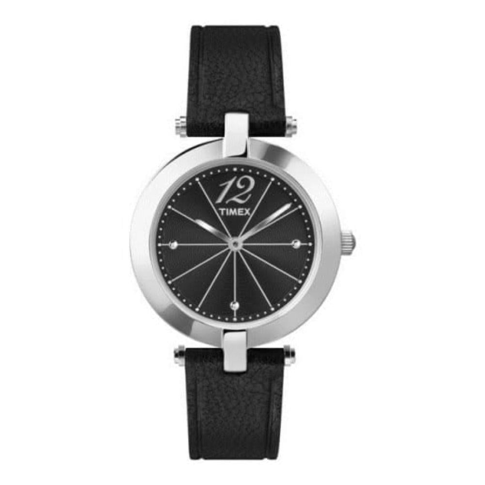 Ladies Silver Tone Wristwatch With Leather Strap and Black Dial