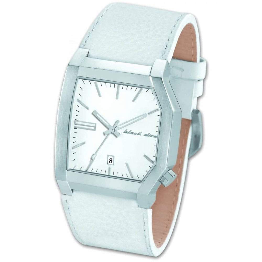 Stainless Steel White Dial & White Leather Strap Dice Edge Gents Watch