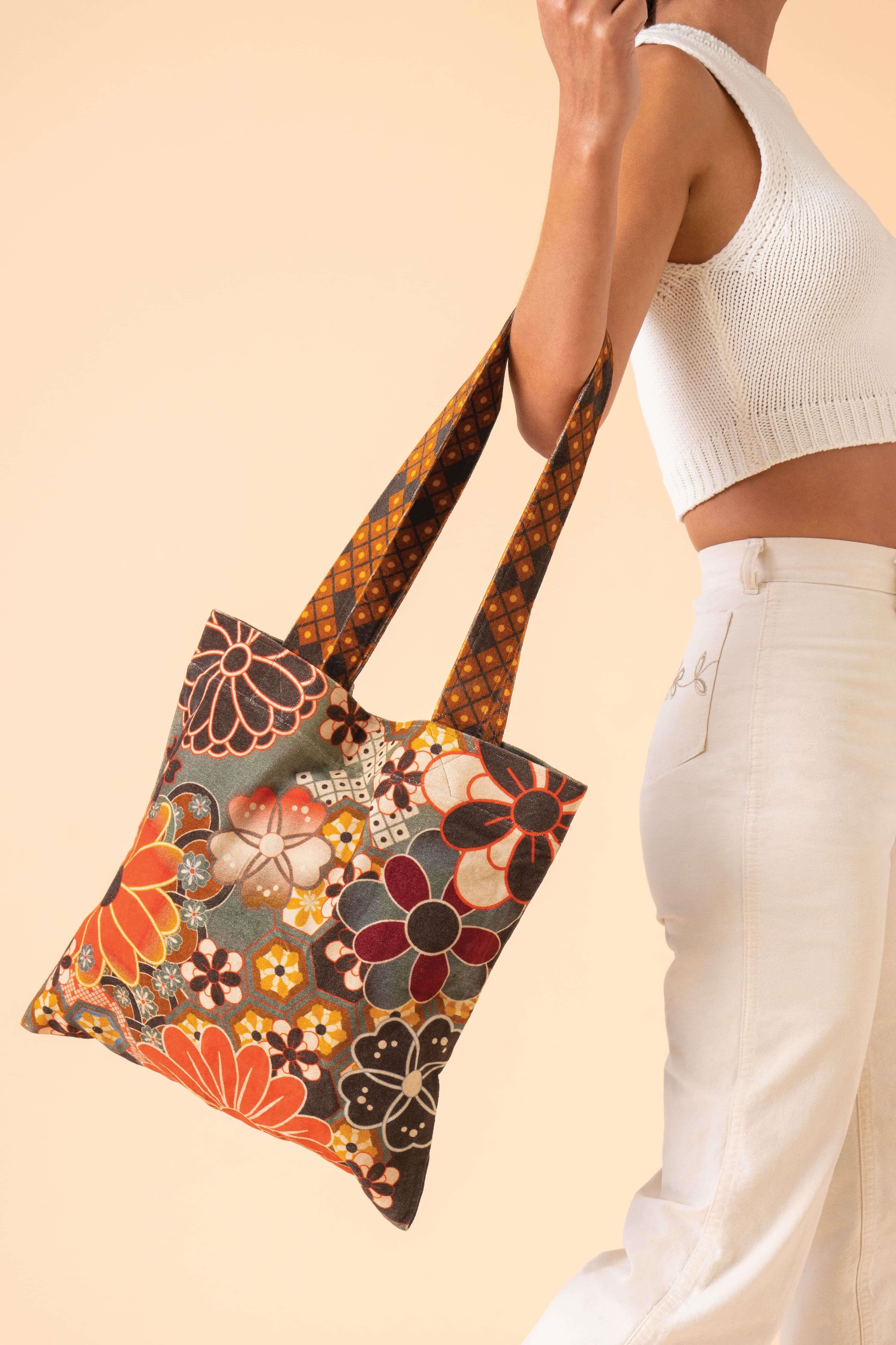 70s Kaleidoscope Floral Velvet Tote - Sage