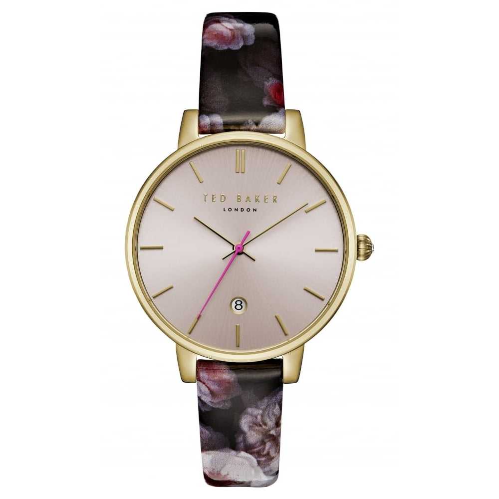 Ladies Gold Toned Dial With Black Floral Leather Strap Watch