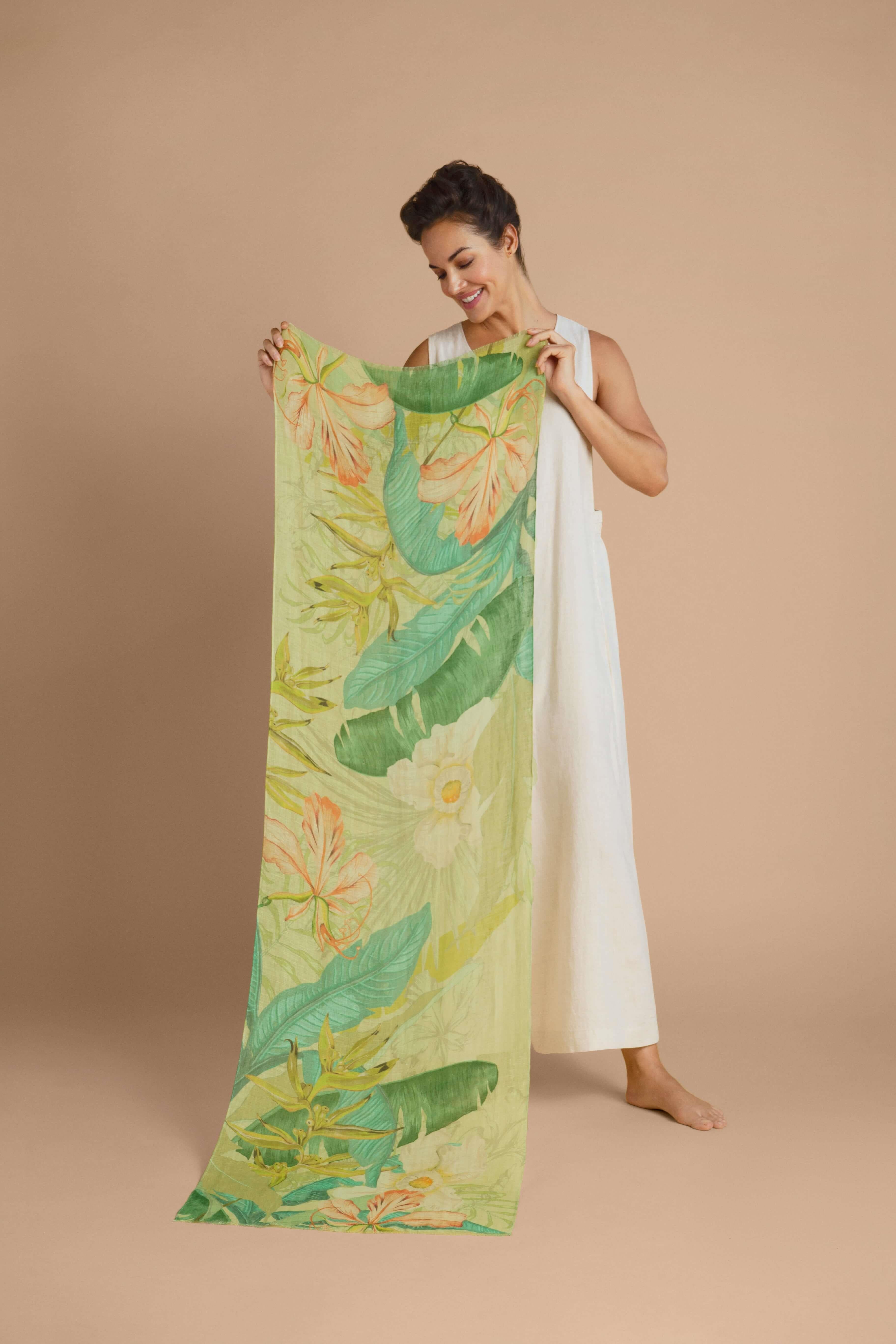 Delicate Tropics Linen Print Scarf- Sage