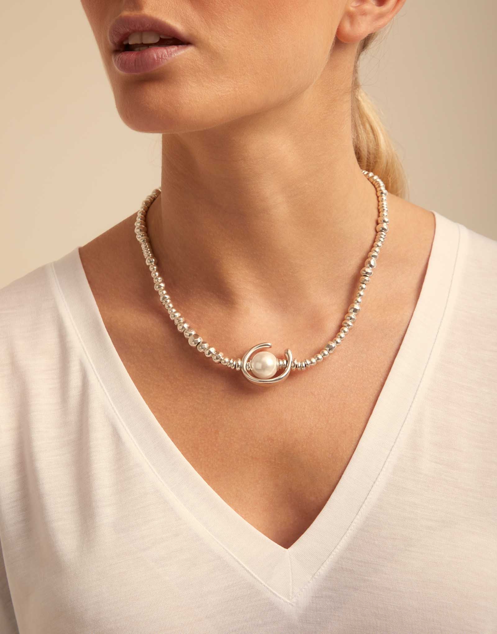 Silver Plated Leather Necklace With Pearl