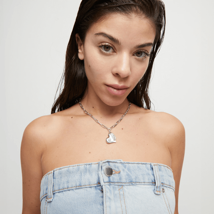 Silver Plated Short Necklace with Medium Sized Link Chain & Heart