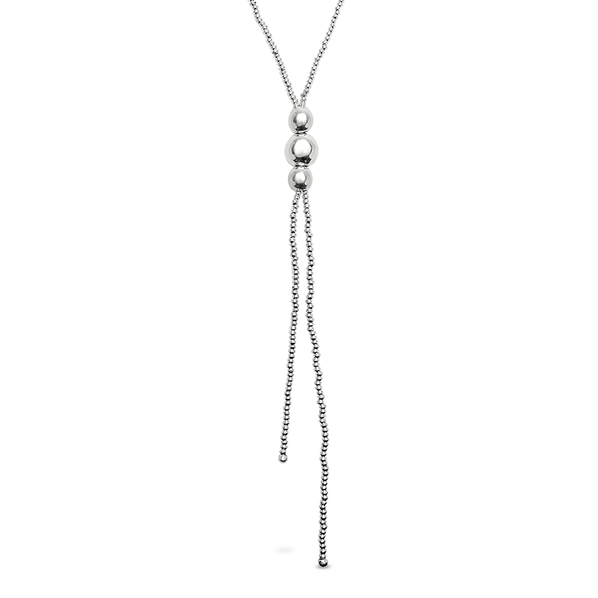 Long Silver Plated Bead Pendant With Three larger Beads Necklace