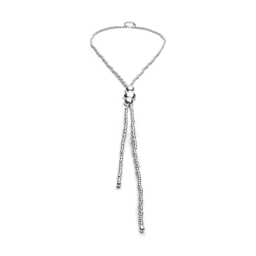 Long Silver Plated Bead Pendant With Three larger Beads Necklace
