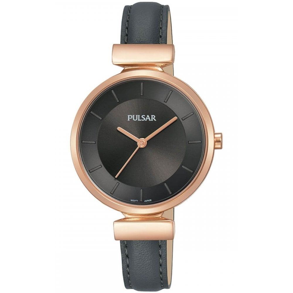 Rose Gold Plated Case & Black Dial With Grey Leather Strap Ladies Watch