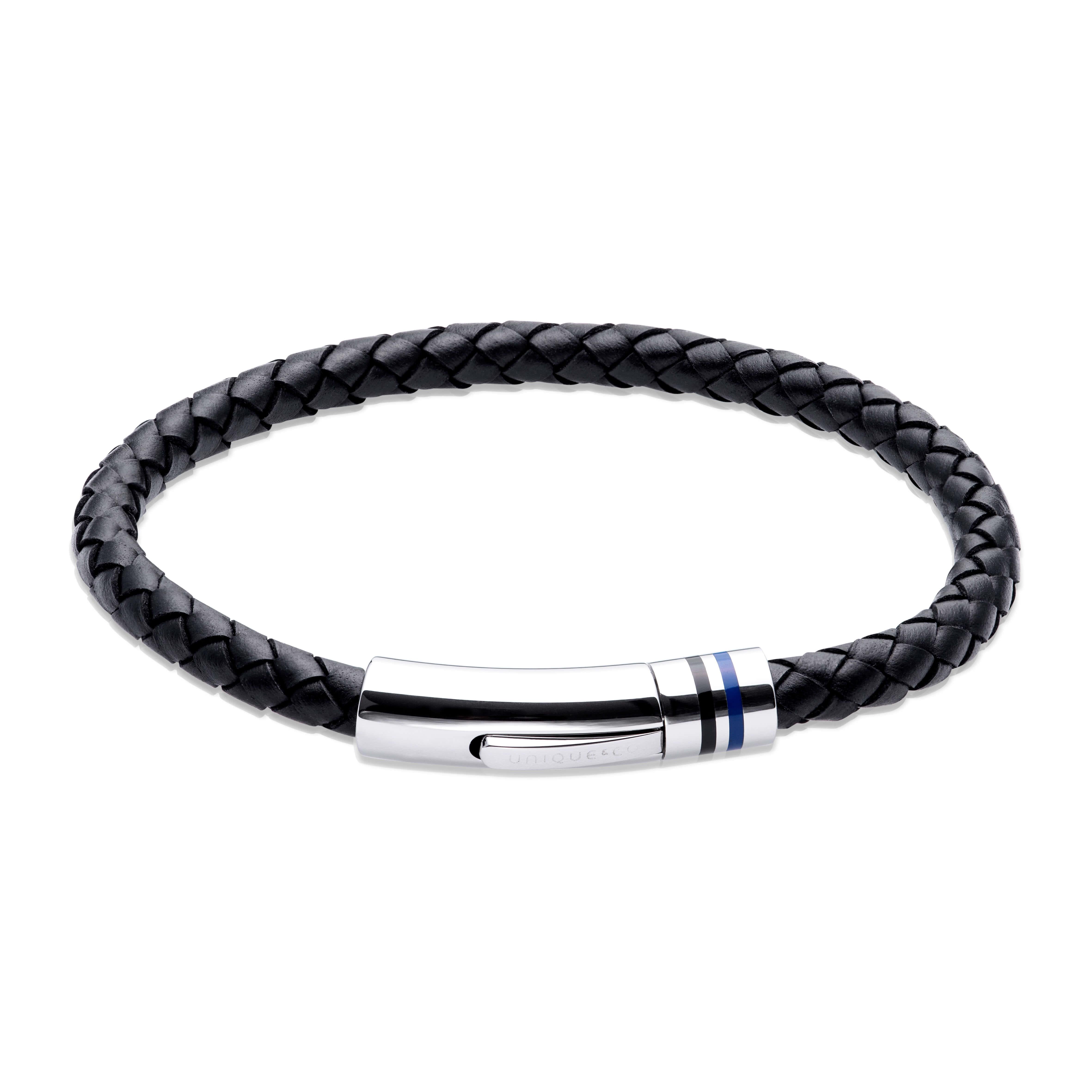 Black Leather Bracelet With Polished Steel & Black/Blue Enamel Clasp