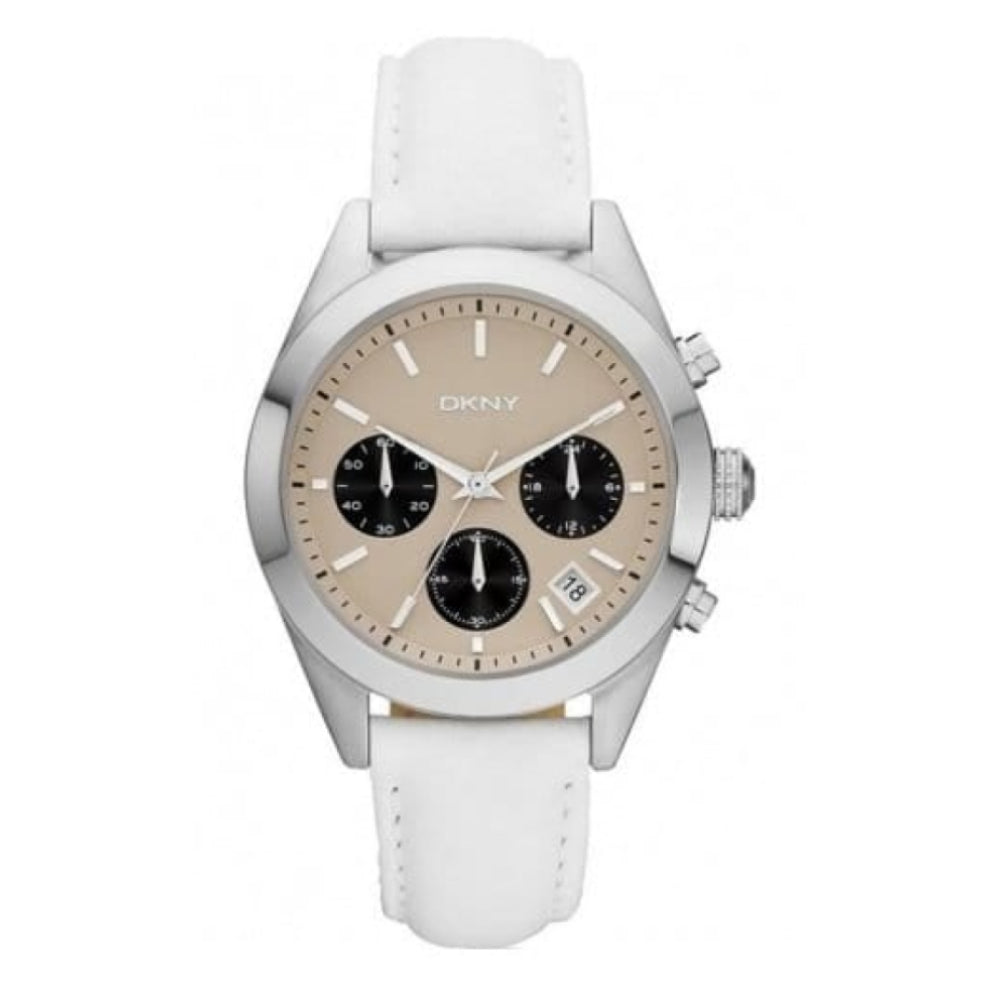 Ladies Beige Chronograph Dial White Leather Watch
