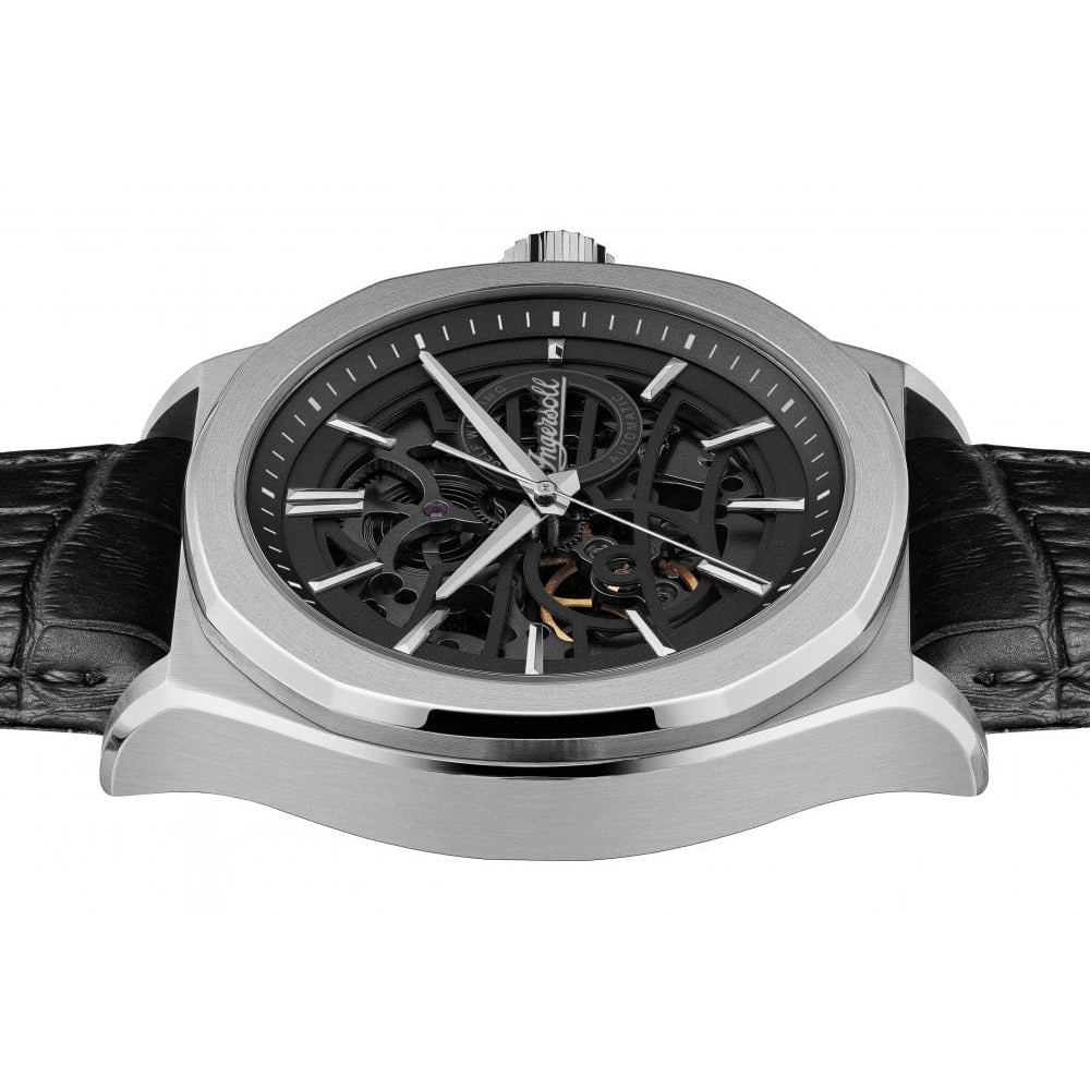 Mens The Orville Automatic Watch with Black Skeleton Dial and Black Leather Strap
