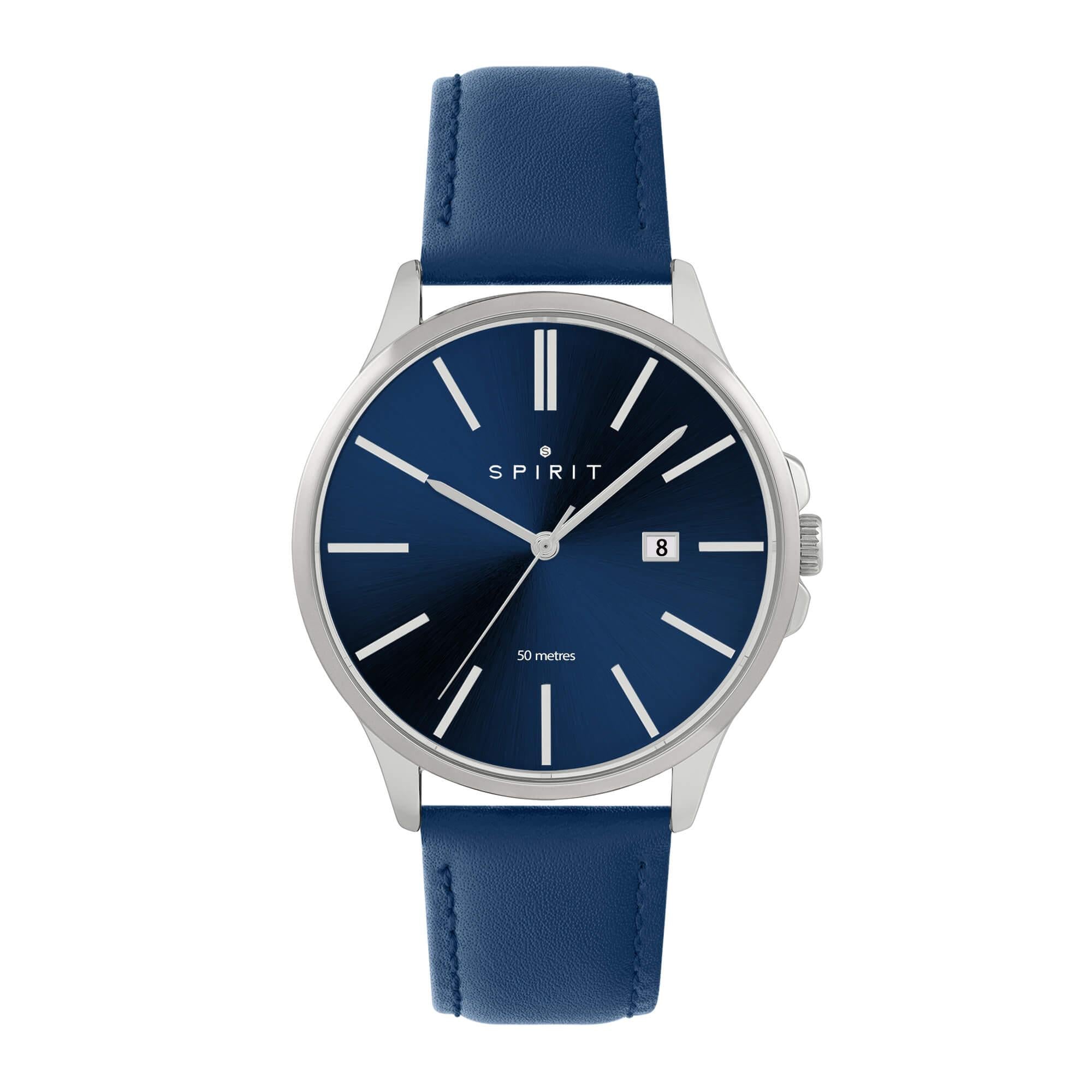 Gents Classic Polished Silver Leather Watch in Navy