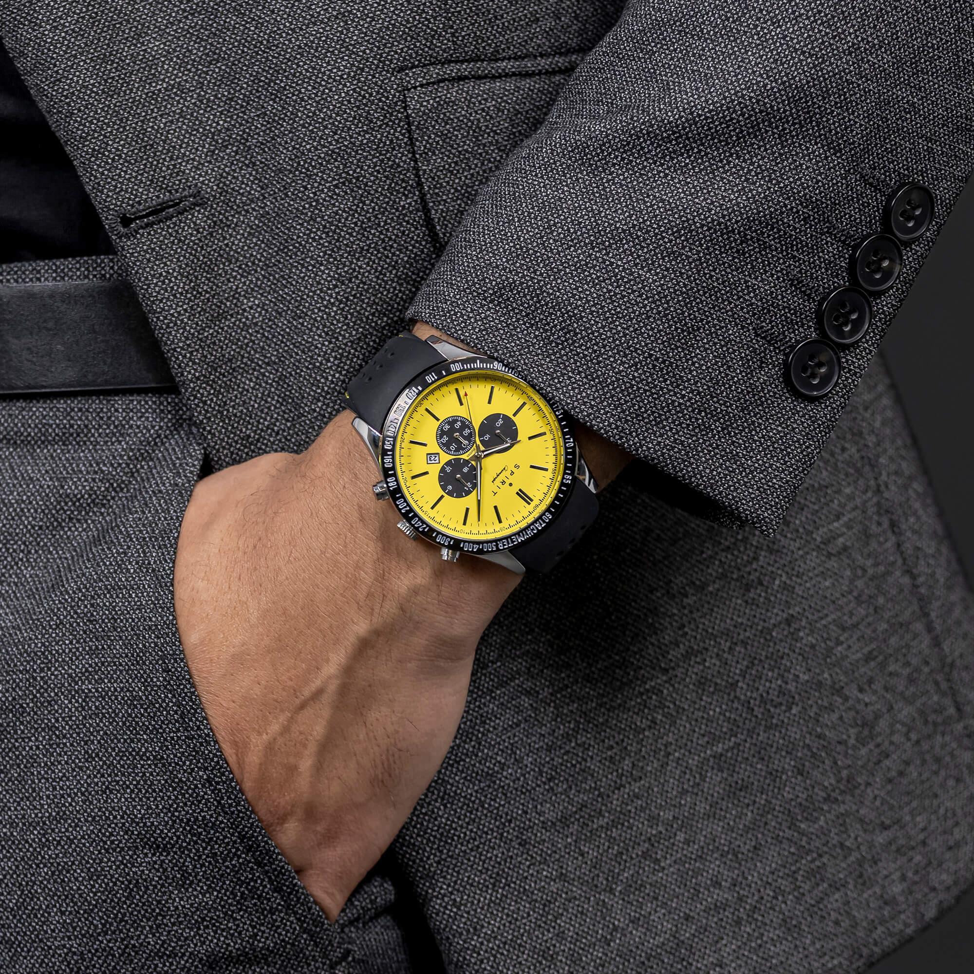 Tachymeter Polished Silver Silicone Watch in Black