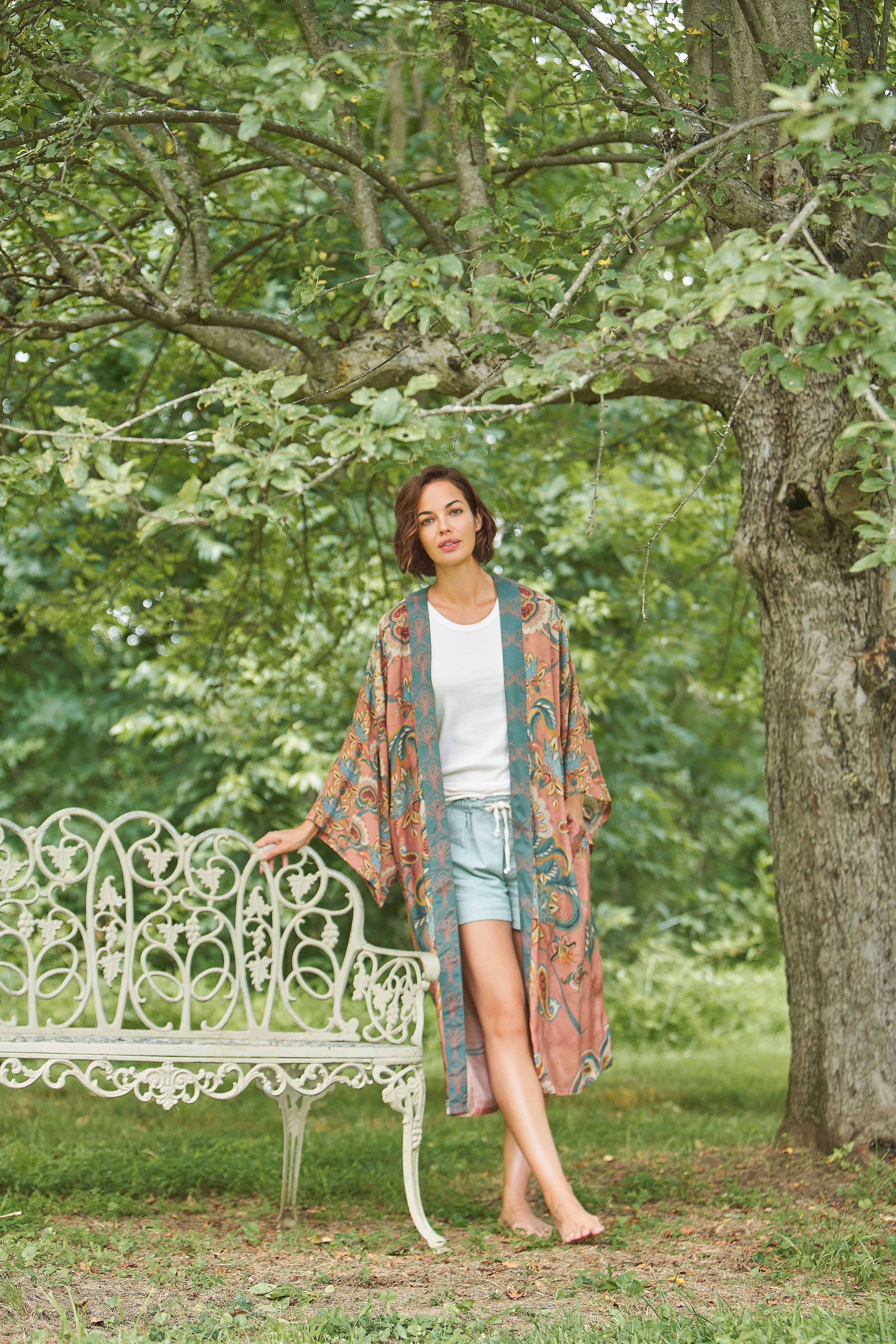 Mediterranean Paisley Kimono Gown - Coral