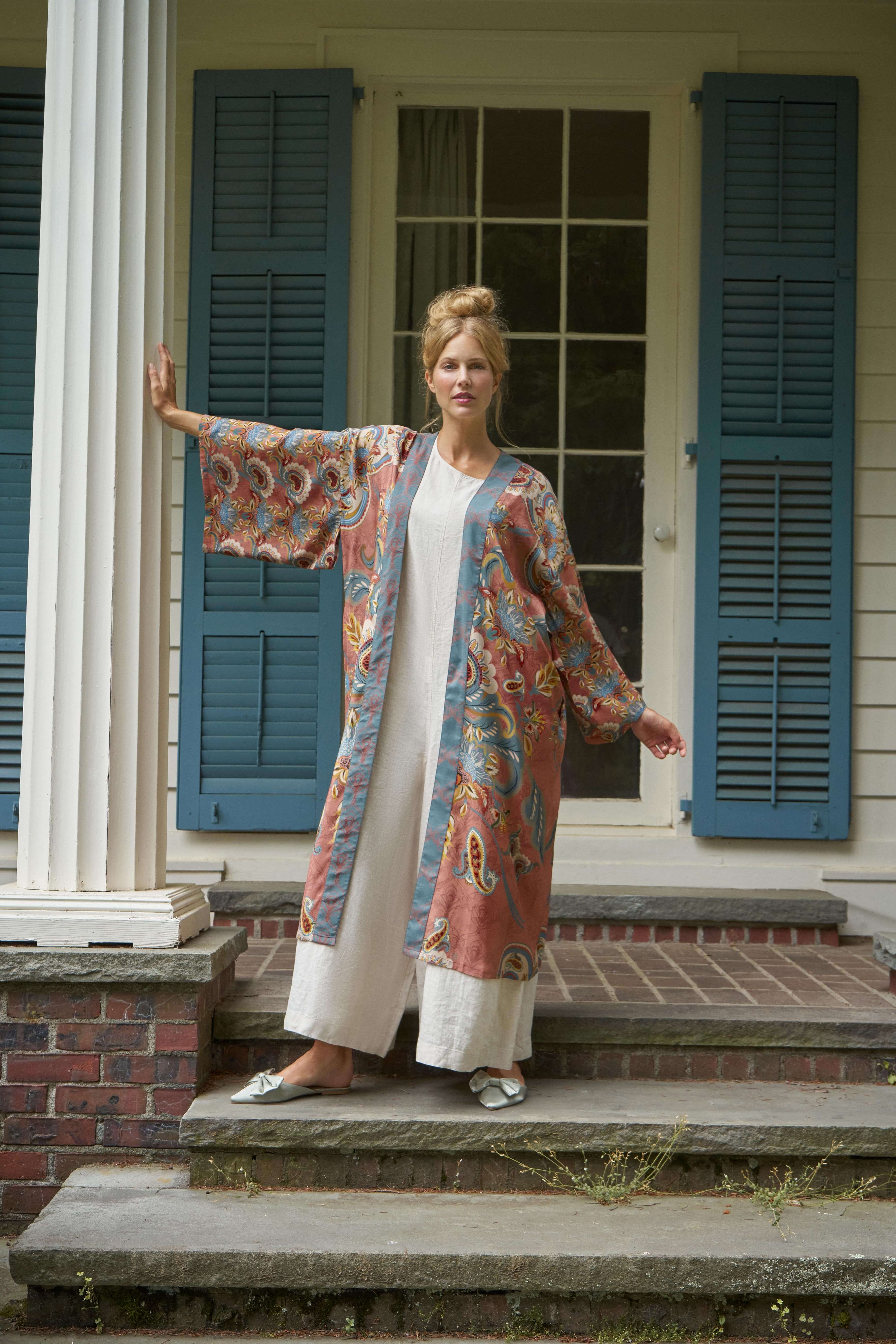 Mediterranean Paisley Kimono Gown - Coral