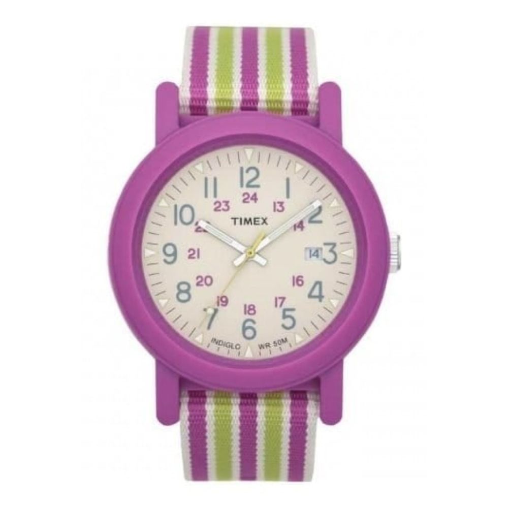 Ladies Green & Pink Fabric Strap Watch