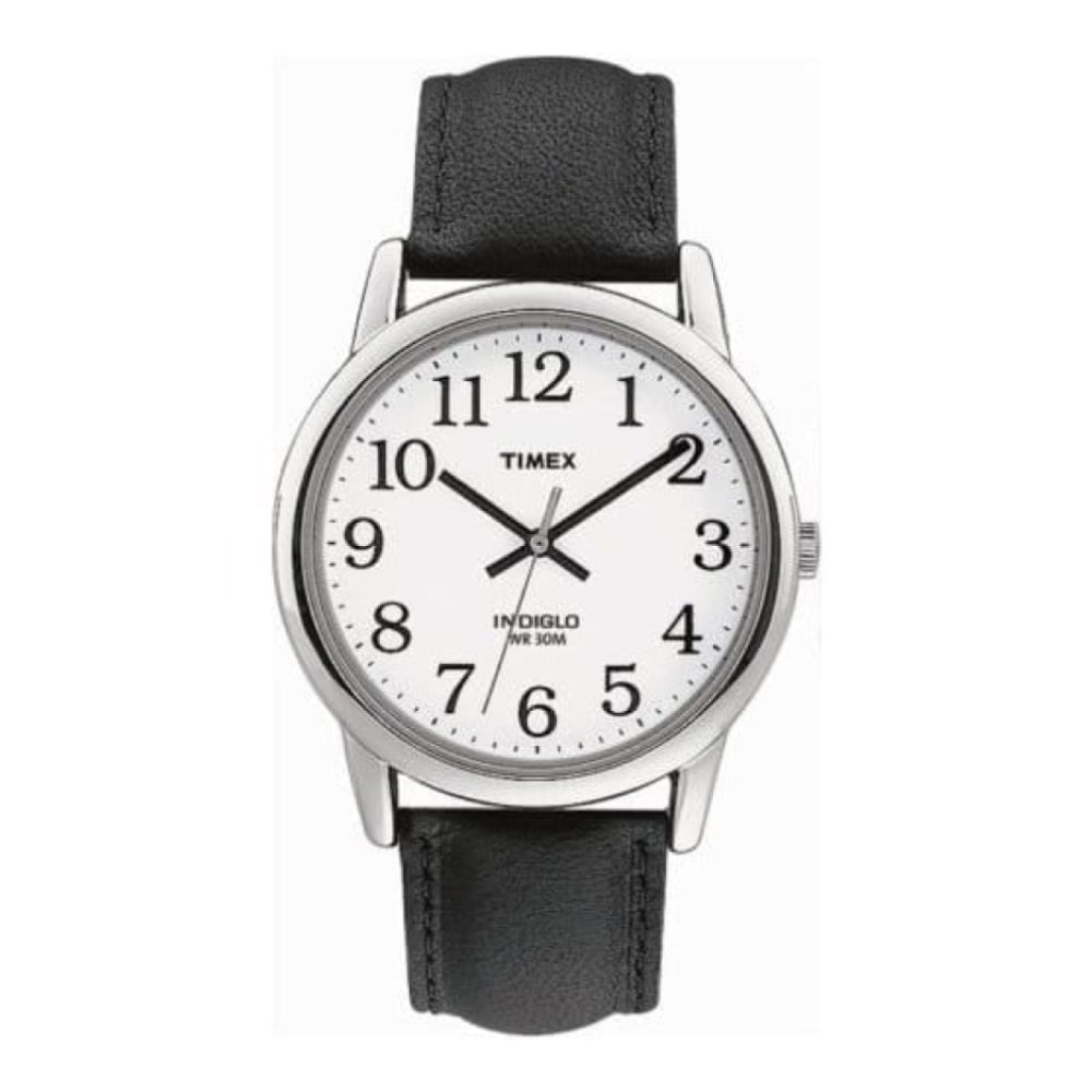 Gents Polished Stainless Steel Black Leather Wristwatch