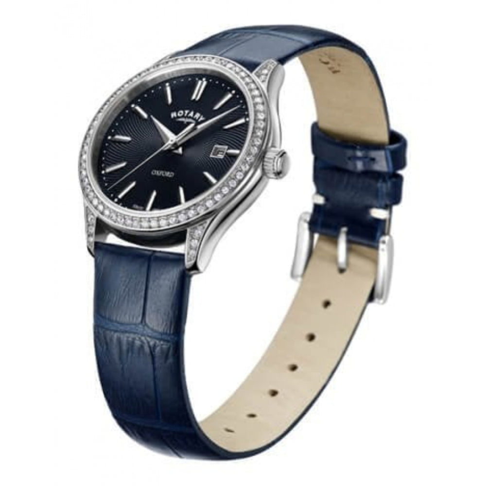 Stainless Steel Case With Stones Around Black Dial & Black Leather Strap Ladies Oxford Watch