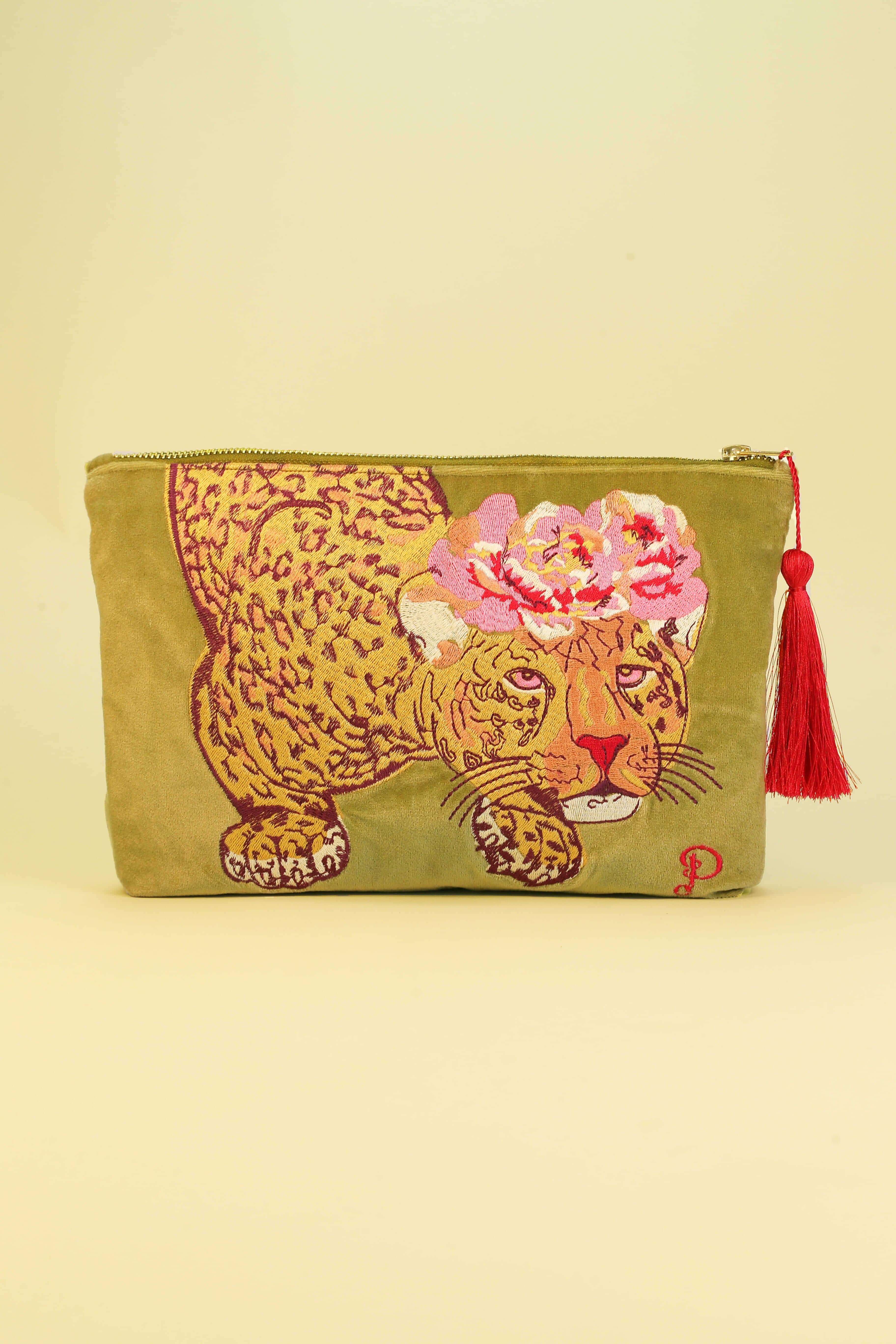 Climbing Leopard Velvet Zip Pouch