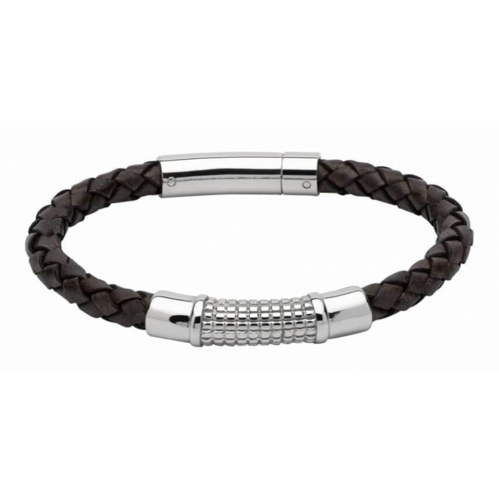Antique Dark Brown Leather Bracelet With Steel Element & Steel Clasp