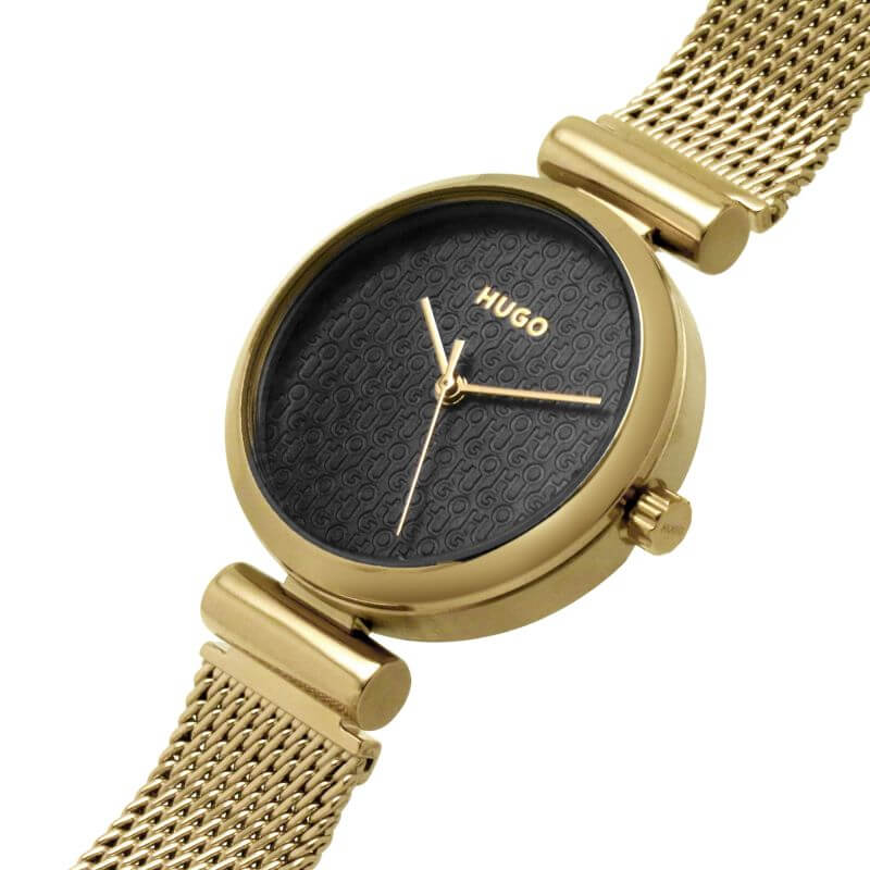 #SWEET Gold Plated Mesh Strap Black Dial Ladies Watch