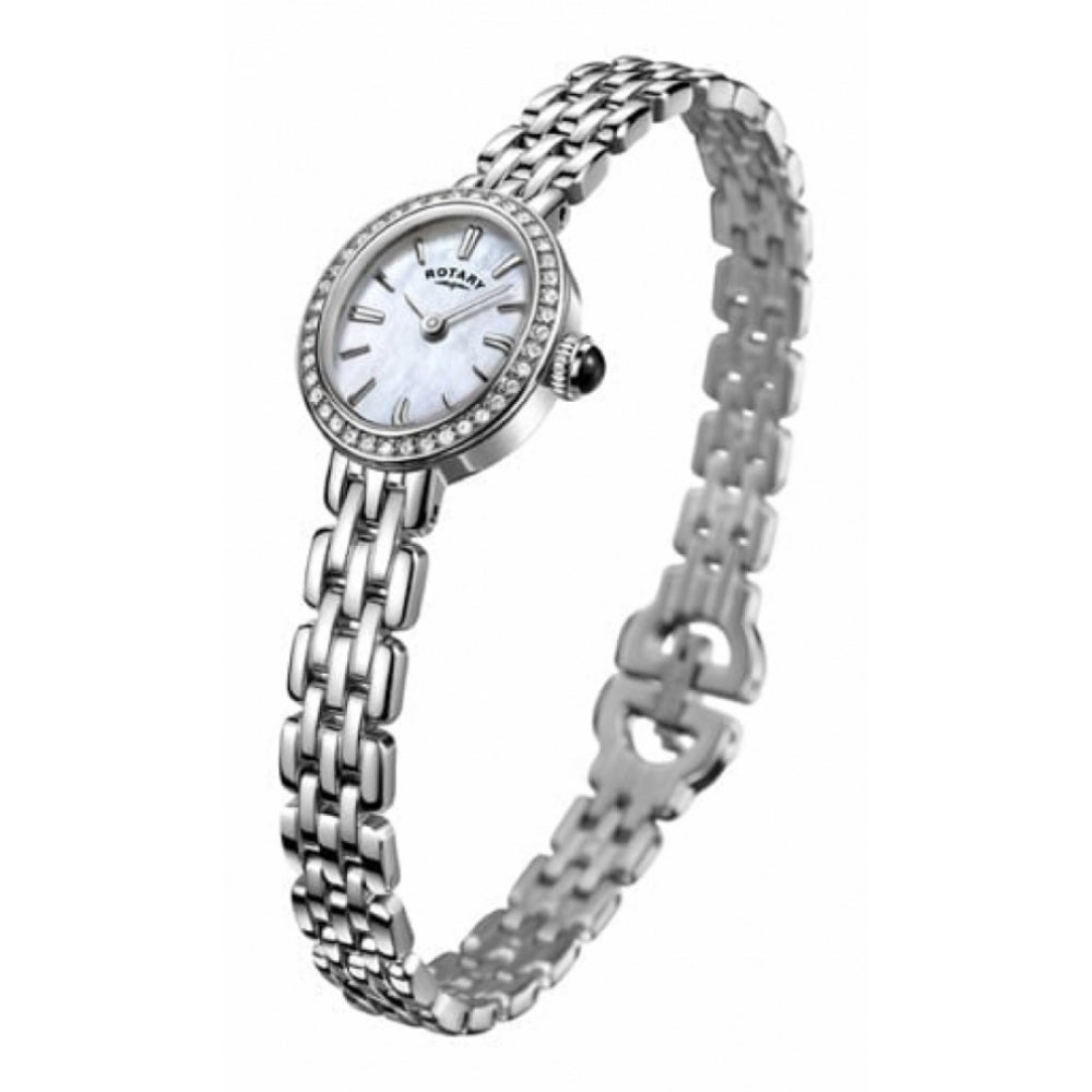 Stainless Steel Oval Dial Inlayed Stones & Bracelet Strap Ladies Wristwatch