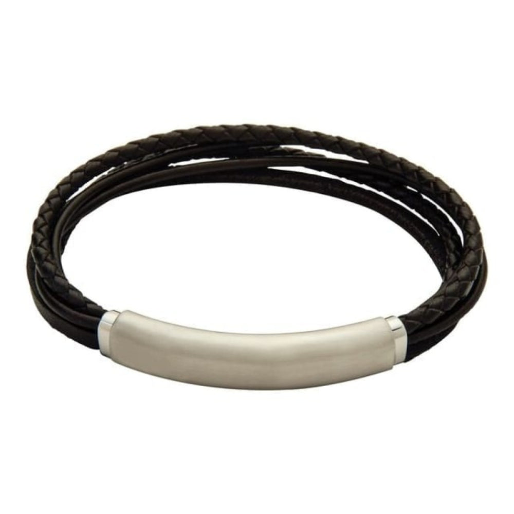 Men's Slim Line Black Leather Bracelet With Stainless Steel Features & Magnetic Clasp