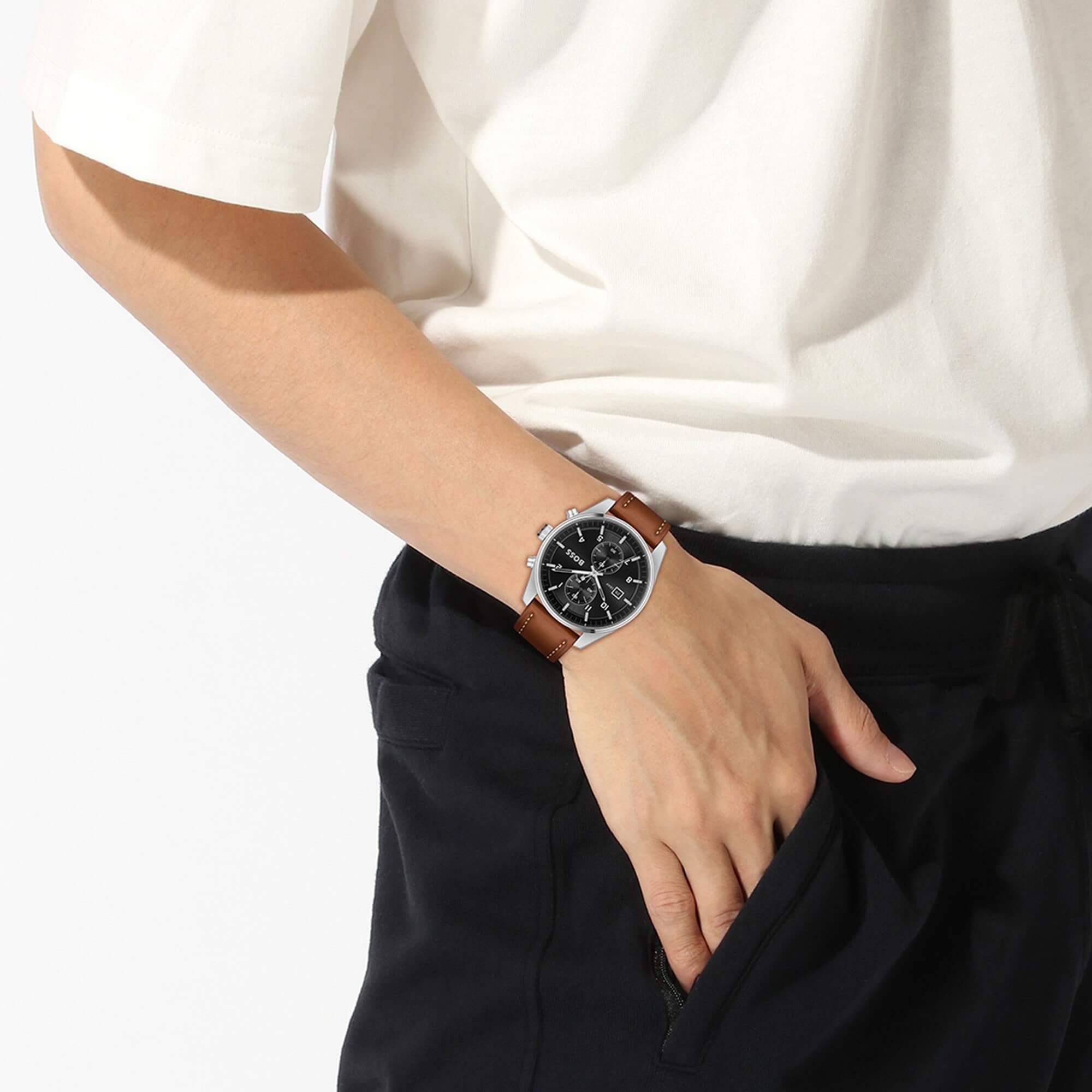 SkyTraveller Black Dial With Brown Leather Strap Mens Watch