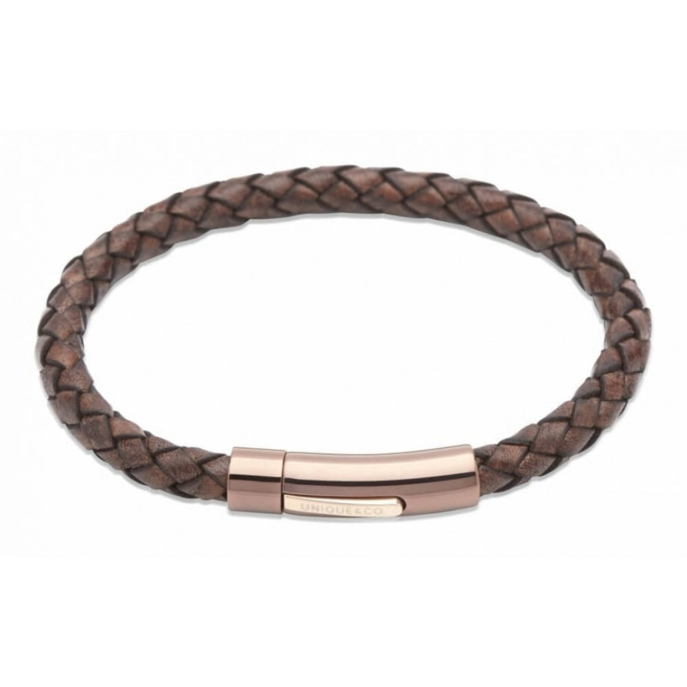 Antique Dark Brown Leather Bracelet With Rose Ion Plated Steel Clasp