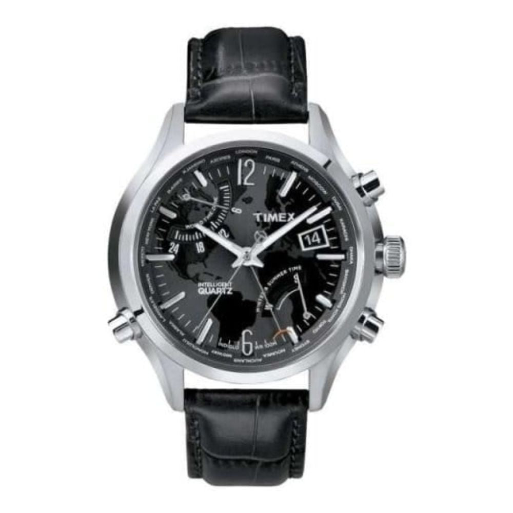 Gents IQ World Time Black Leather Watch