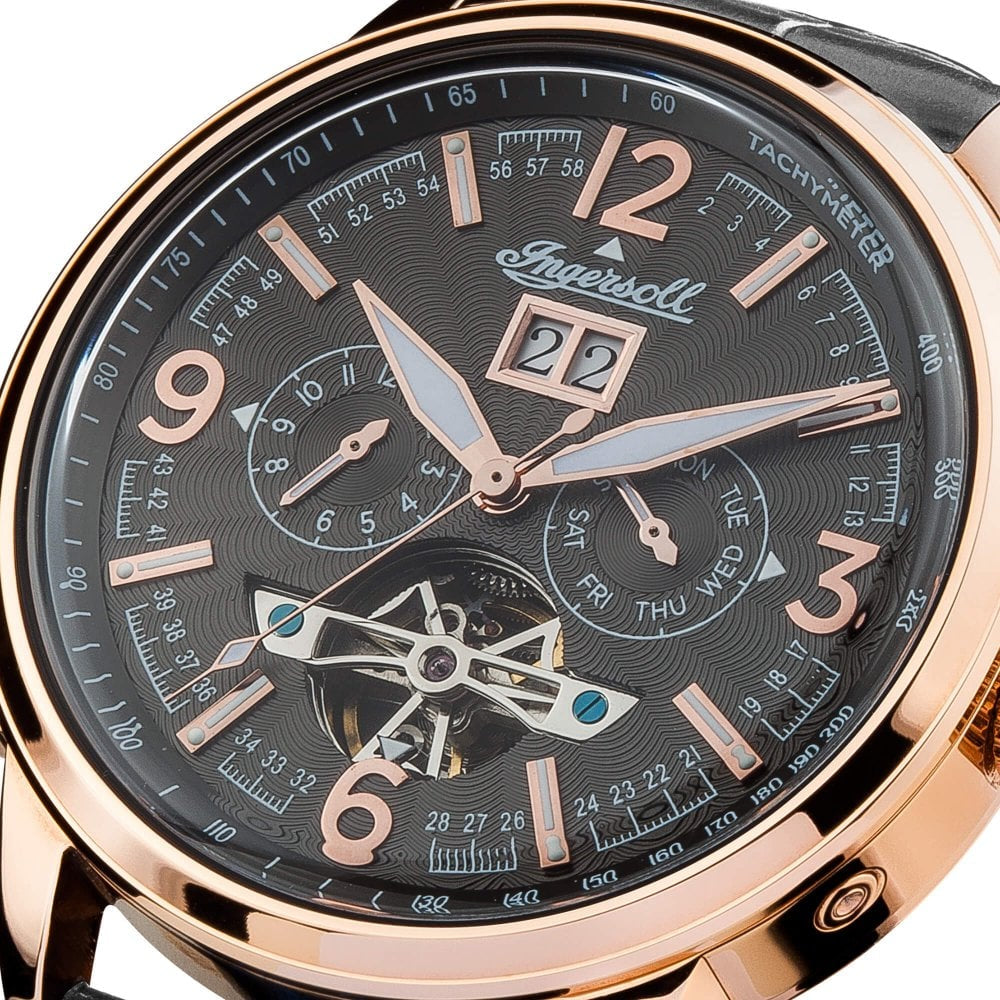 Mens The Regent Automatic Watch with Black Dial and Black Leather Strap