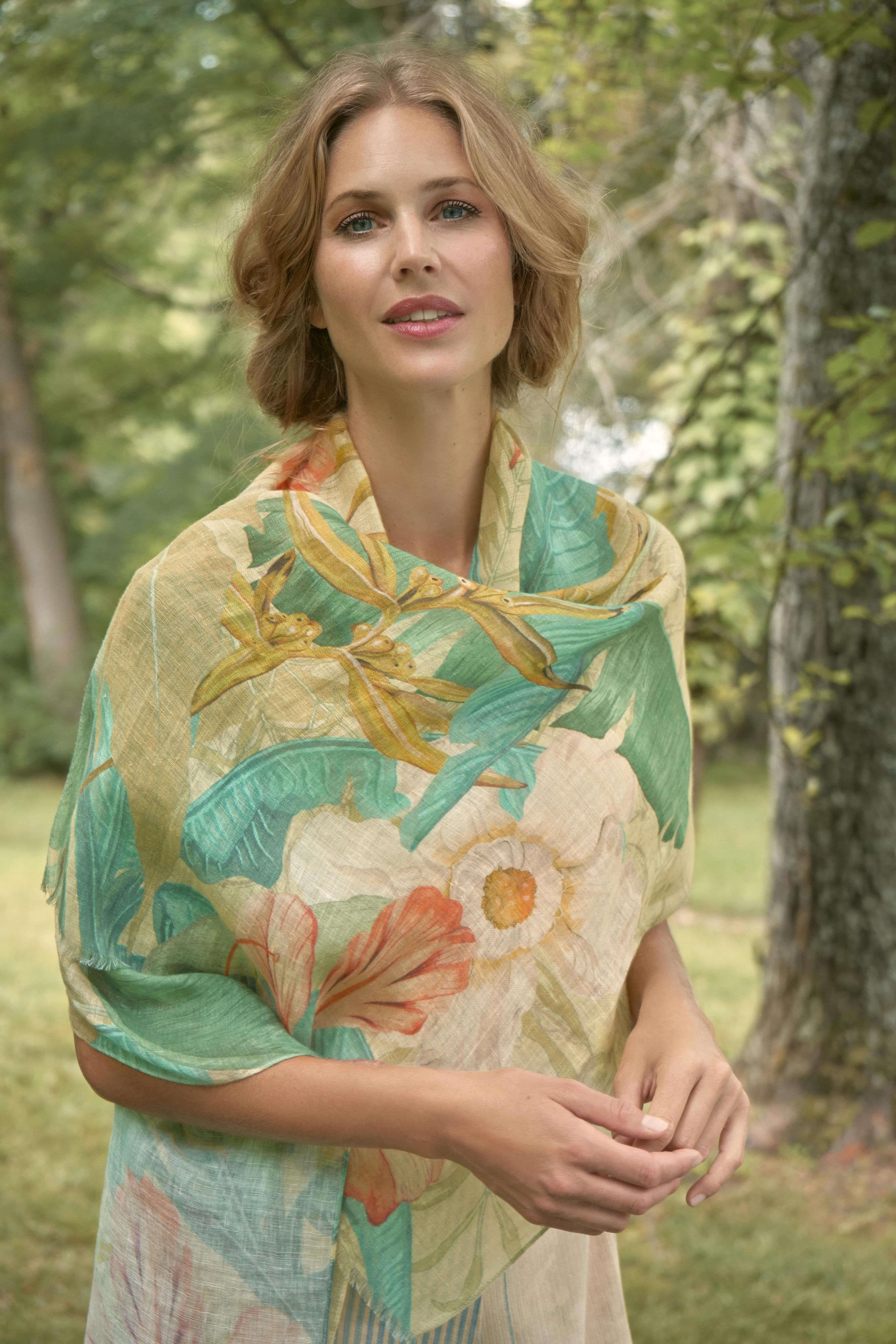 Delicate Tropics Linen Print Scarf- Sage