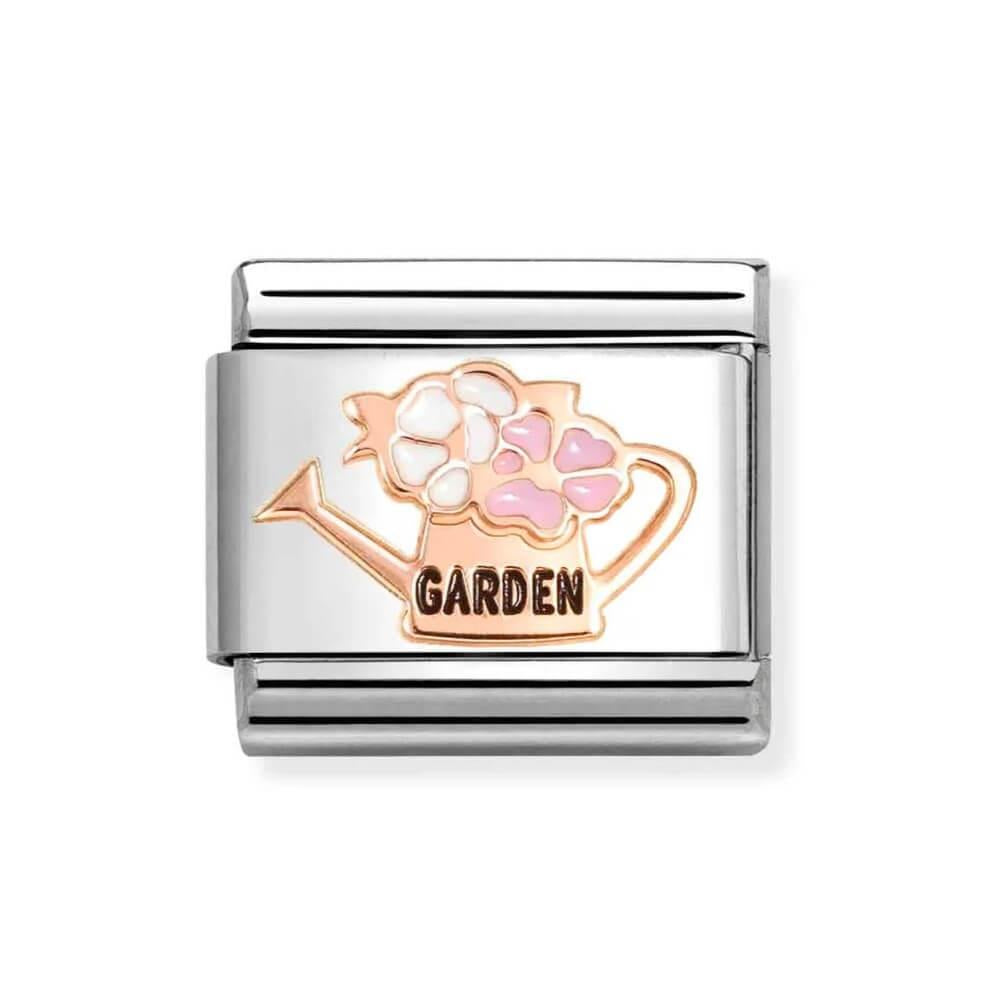 Composable Classic Link With Garden Watering Can & Flowers Symbol In 9k RG & Black Enamel