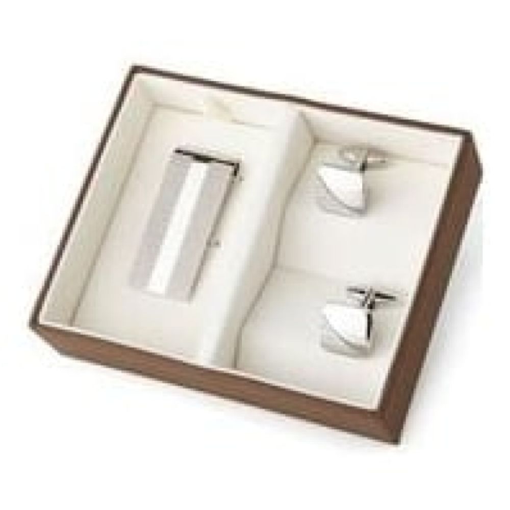 Men's Gift Set With Brass Square Cufflinks & Stainless Steel Money Clip With Line Pattern
