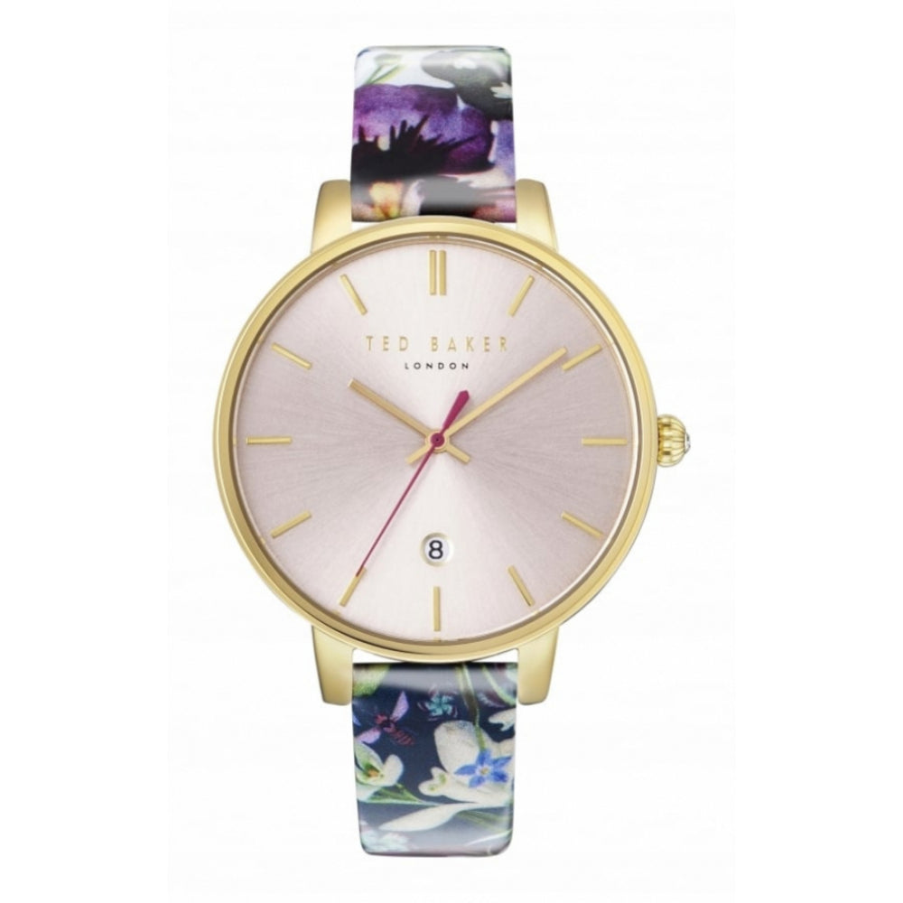 Gold Plated Pink Dial & Butterfly Print Leather Strap Ladies Wristwatch