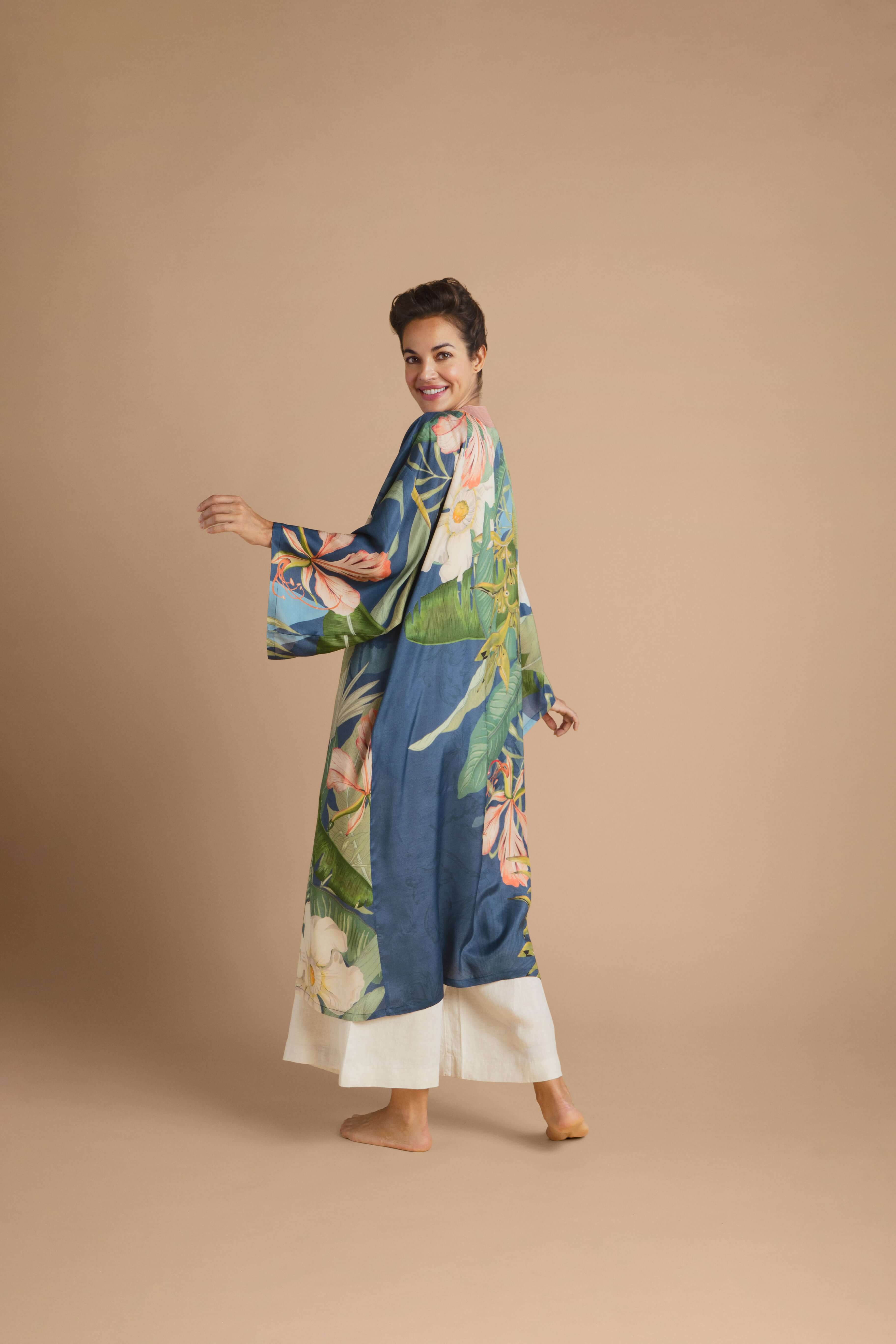 Delicate Tropics Kimono Gown - Indigo