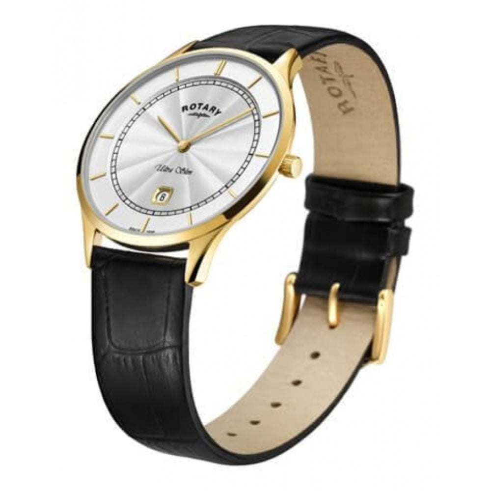 Ultra Slim Gold Tone Stainless Steel White Dial With Black Leather Strap Gents Watch