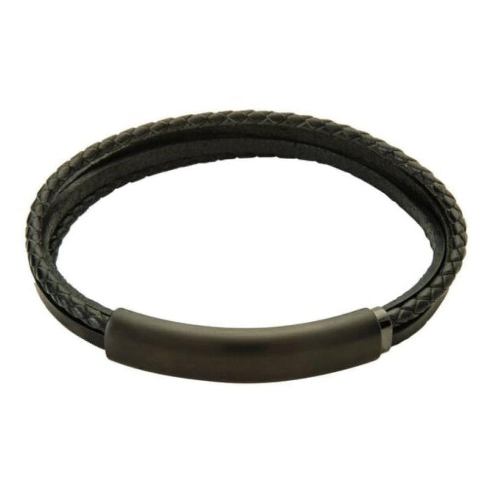 Men's Slim Line Black Leather Bracelet With Black Stainless Steel Features & Magnetic Clasp