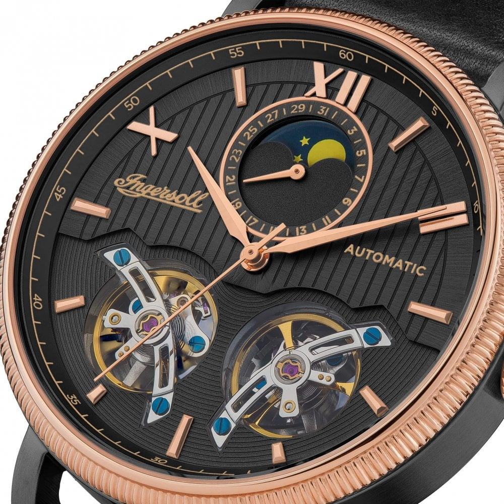Mens The Hollywood Automatic Watch with Black Dial and Black Leather Strap