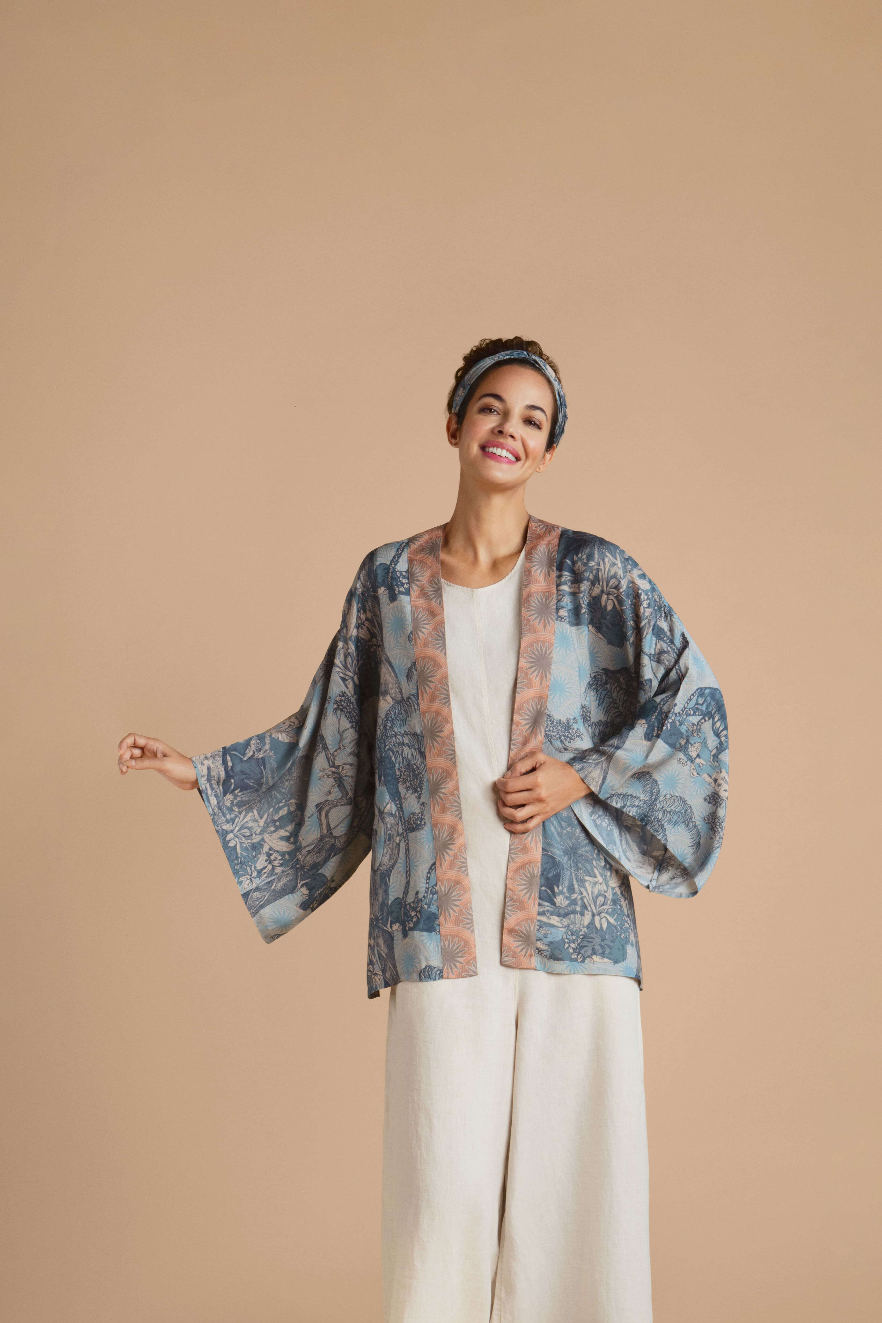 Tropical Toile Kimono Jacket - Denim & Petal