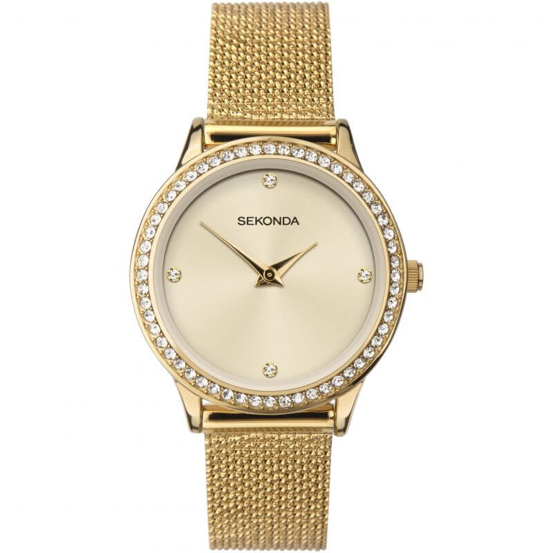 Gold Plated Stone Set Dial & Mesh Bracelet Strap Ladies Watch