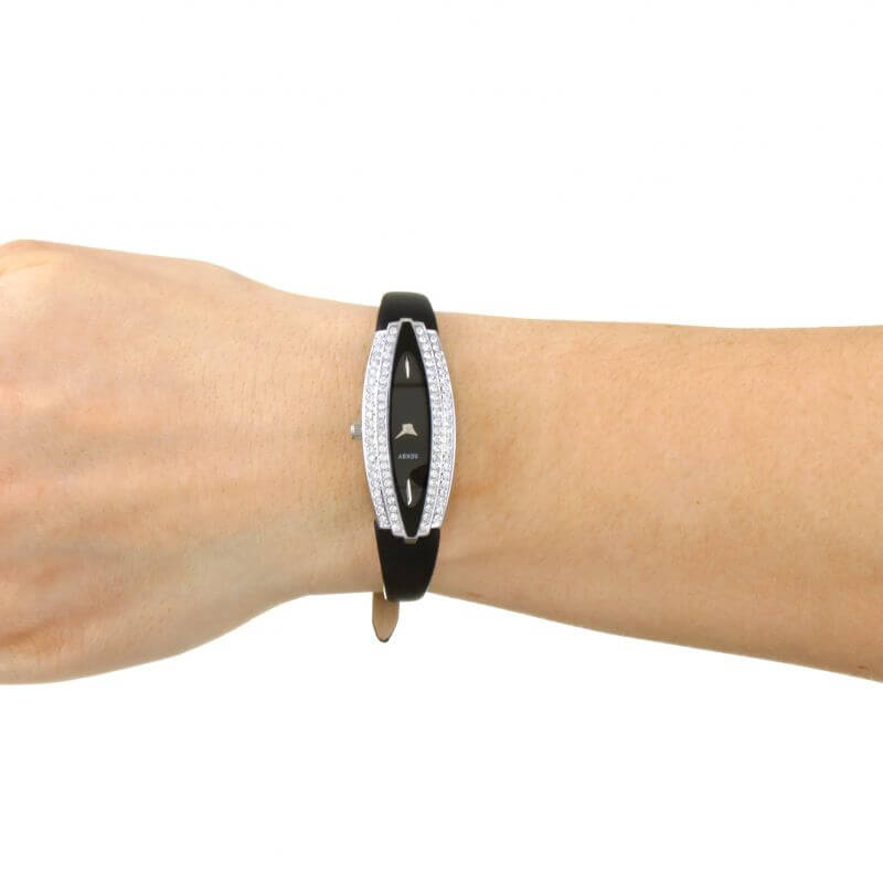 Black Dial & Black Leather Strap Ladies Watch
