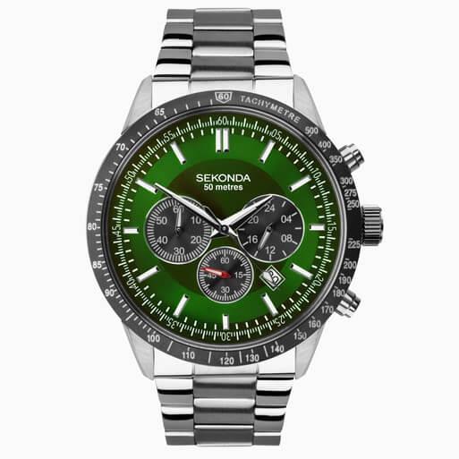 Silver Case With Green Dial & Stainless Steel Bracelet Men's Chronograph Watch