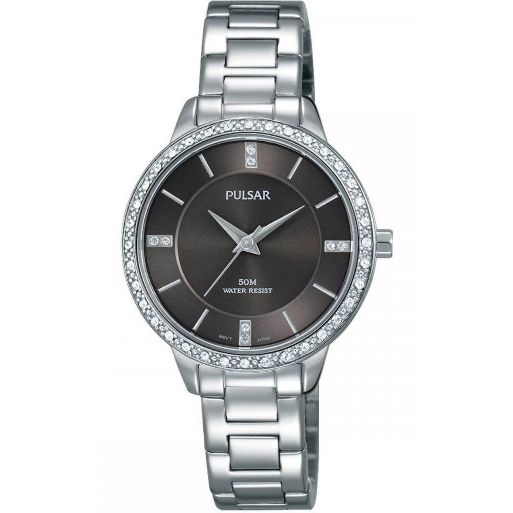 Stainless Steel Bracelet Strap & Round Stone Case With Black Dial Ladies Watch