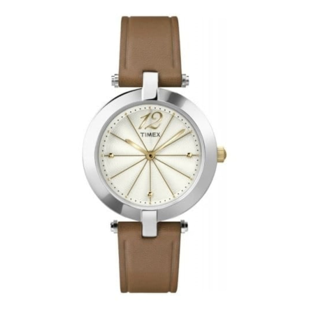 Ladies Silver Tone Wristwatch With Brown Leather and Ivory Dial